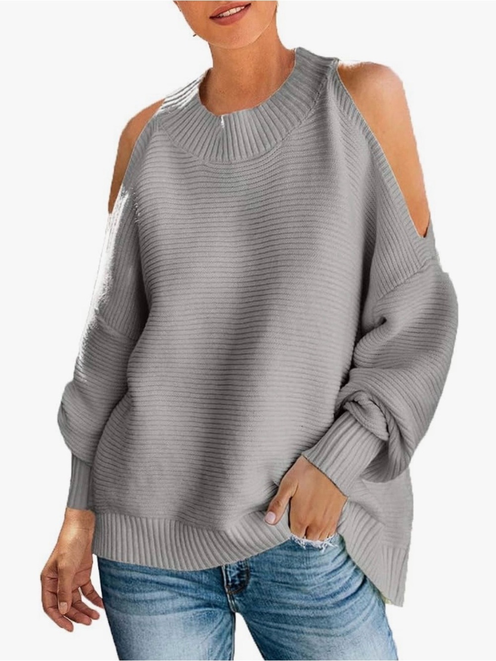 Cold-Shoulder Ribbed Knit Sweater - Gray